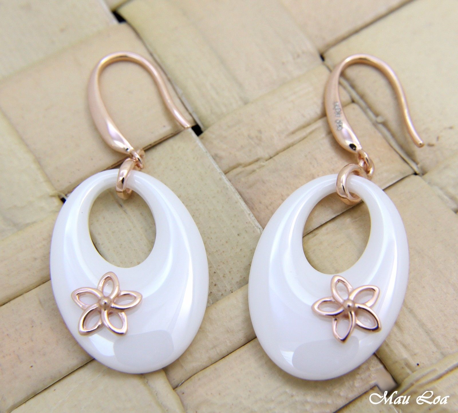 925 Silver Pink Gold Hawaiian Plumeria Flower White Ceramic Oval Hook Earrings