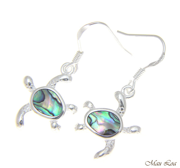 925 Sterling Silver Hawaiian Honu Sea Turtle Abalone Shell Paua Hook Earrings