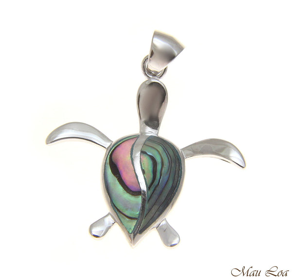 925 Sterling Silver Hawaiian Honu Sea Turtle Abalone Paua Shell Pendant S M L