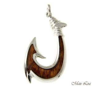 Koa Wood Hawaiian Wave Fish Hook Rhodium Silver Plated Brass Reversible Pendant