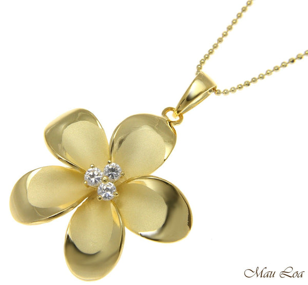 925 Sterling Silver Yellow Gold Hawaiian Plumeria Flower 3 CZ Pendant 12-30mm