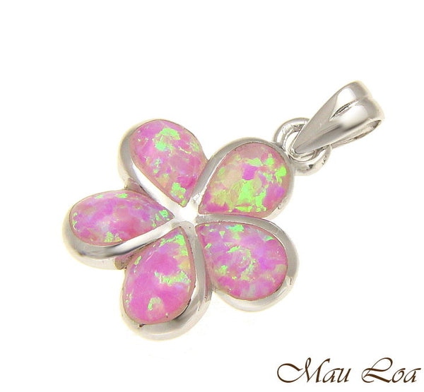 925 Sterling Silver Rhodium Pink Opal Hawaiian Plumeria Flower Pendant 12-30mm