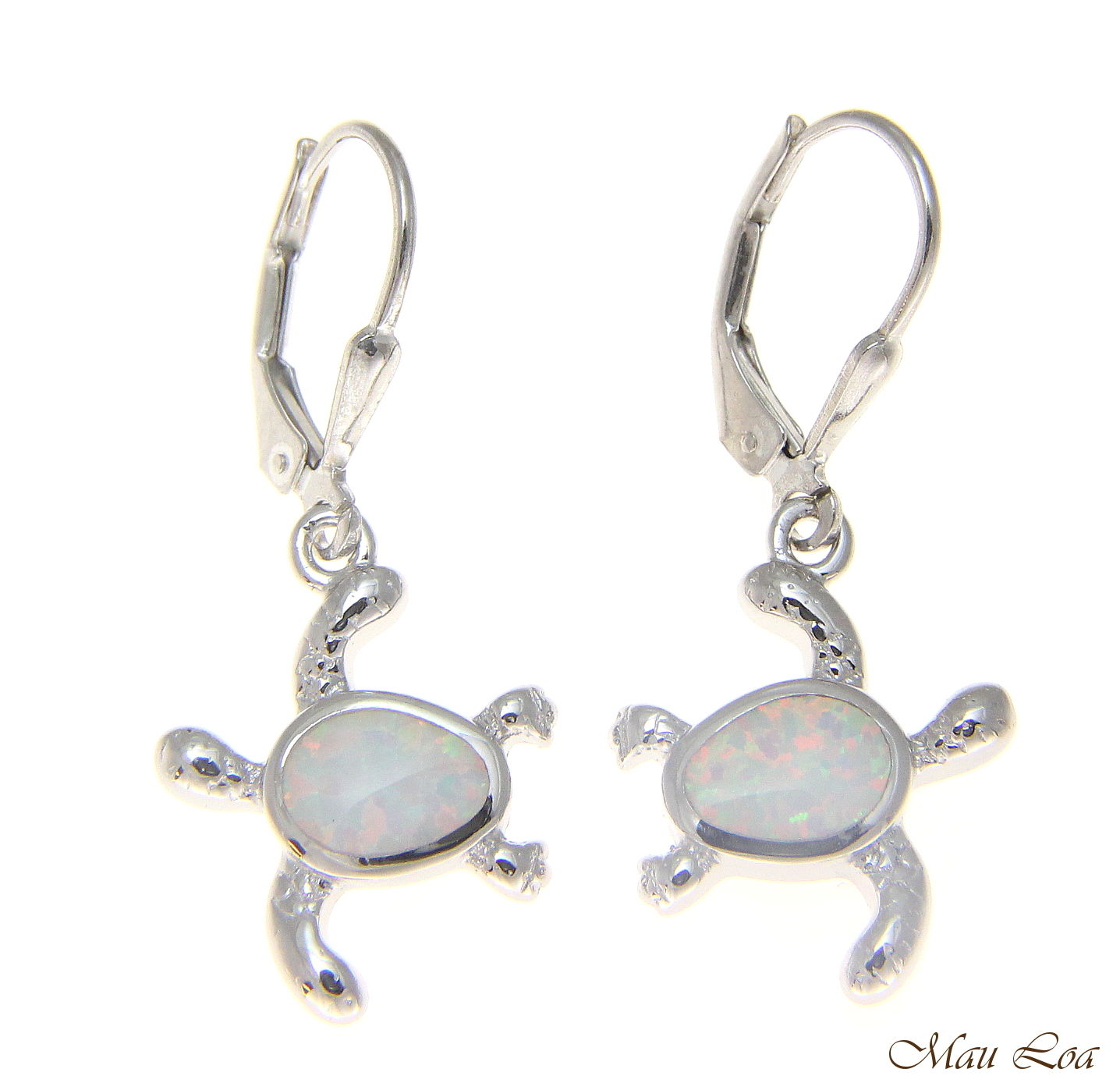 925 Sterling Silver Rhodium Hawaiian Honu Turtle White Opal Leverback Earrings