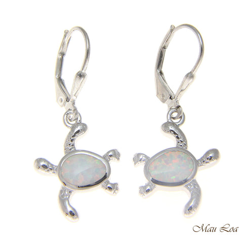 925 Sterling Silver Rhodium Hawaiian Honu Turtle White Opal Leverback Earrings
