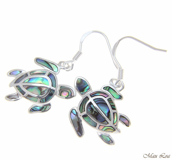 925 Sterling Silver Hawaiian Honu Sea Turtle Abalone Shell Paua Hook Earrings