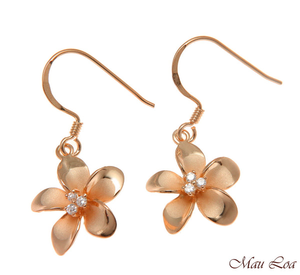 925 Silver Pink Rose Gold Hawaiian Plumeria Flower 3 CZ Wire Hook Earrings