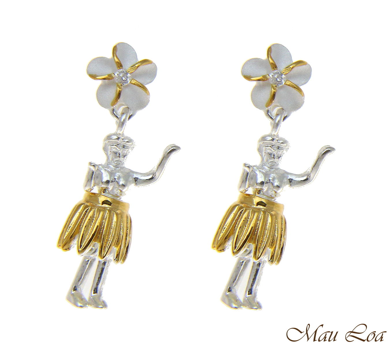 925 Silver Hawaiian Hula Girl Plumeria Flower 2T Yellow Gold Post Stud Earrings