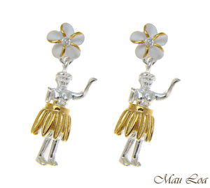 925 Silver Hawaiian Hula Girl Plumeria Flower 2T Yellow Gold Post Stud Earrings