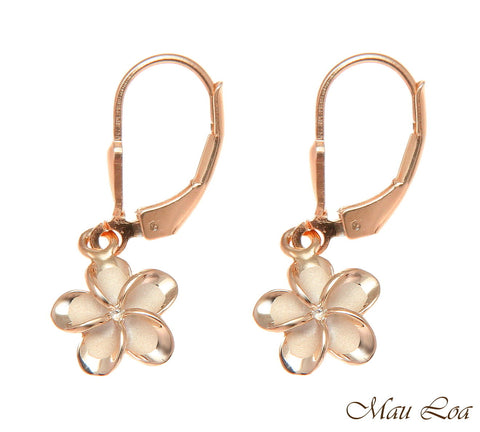 925 Silver Rose Gold Hawaiian Plumeria Flower No CZ Stone Leverback Earrings