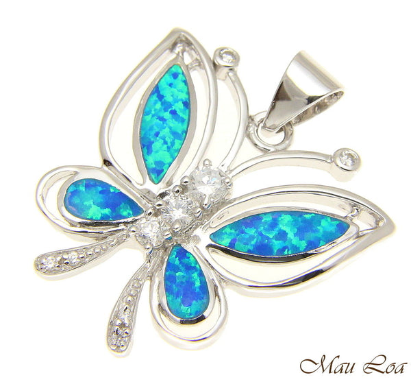 925 Sterling Silver Rhodium Hawaiian Butterfly Blue Opal CZ Pendant Charm