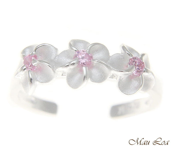 925 Sterling Silver Hawaiian Triple Plumeria Flower Pink CZ Open Toe Ring