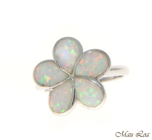 925 Sterling Silver Rhodium Hawaiian Plumeria Flower White Opal Ring Size 5-10