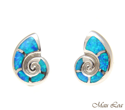 925 Sterling Silver Rhodium Hawaiian Nautilus Shell Blue Opal Post Stud Earrings