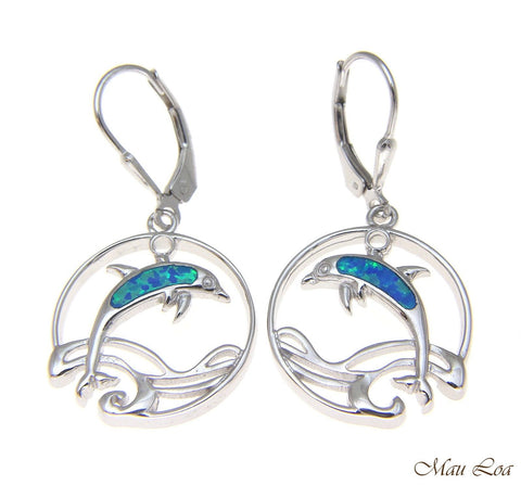 925 Sterling Silver Rhodium Hawaiian Circle Wave Dolphin Opal Leverback Earrings