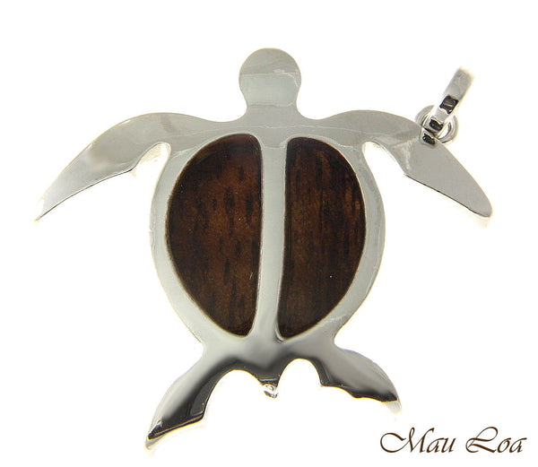 Koa Wood Hawaiian Honu Sea Turtle Rhodium Silver Plated Brass Pendant