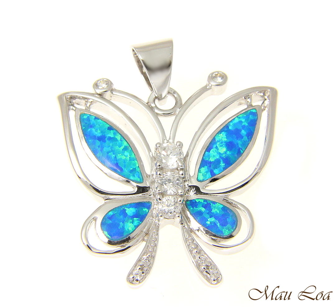 925 Sterling Silver Rhodium Hawaiian Butterfly Blue Opal CZ Pendant Charm