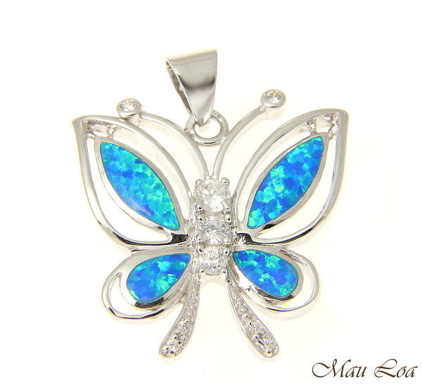 925 Sterling Silver Rhodium Hawaiian Butterfly Blue Opal CZ Pendant Charm
