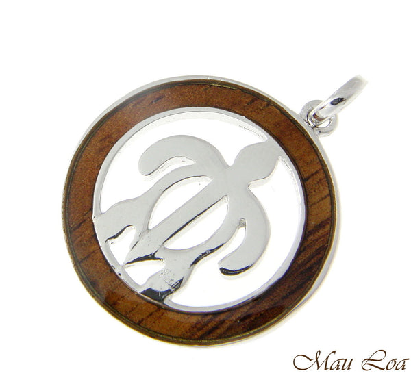 Koa Wood Hawaiian Circle Round Honu Sea Turlte Rhodium Brass Pendant Charm