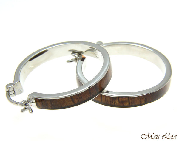 Koa Wood Hawaiian Rhodium Plated Brass 30mm Round Hoop Snap Closure Earrings