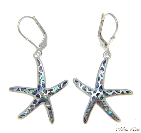 925 Silver Hawaiian Starfish Sea Star Abalone Shell Paua Leverback Earrings