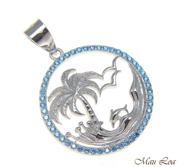 925 Silver Genuine Blue Topaz Hawaiian Palm Tree Dolphin Wave Pendant