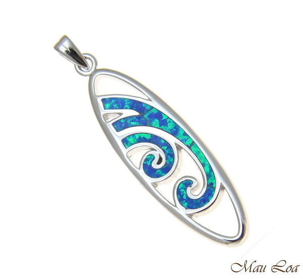 925 Sterling Silver Rhodium Hawaiian Blue Opal Ocean Wave Surfboard Pendant