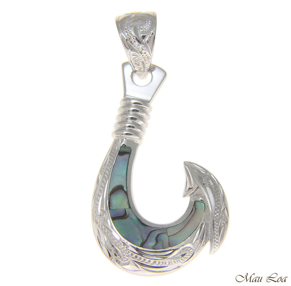925 Sterling Silver Hawaiian Fish Hook Abalone Paua Shell Pendant S M L