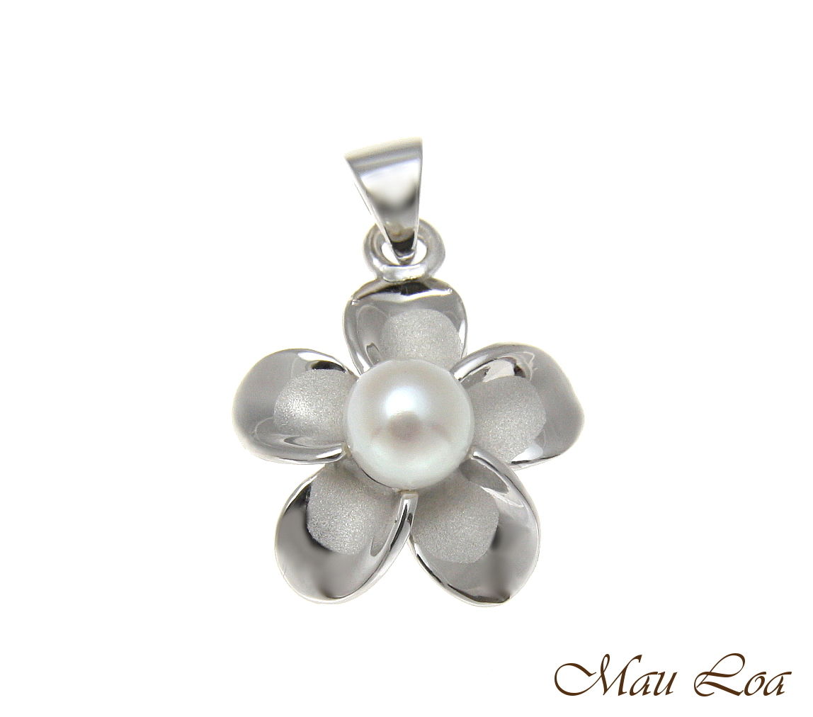 925 Silver Hawaiian Plumeria Flower Fresh Water Pearl Rhodium Pendant 12-32mm