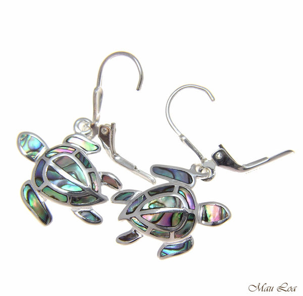 925 Sterling Silver Hawaiian Honu Turtle Abalone Shell Paua Leverback Earrings