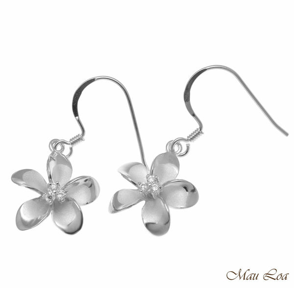 925 Sterling Silver Hawaiian Plumeria Flower 3 CZ Wire Hook Rhodium Earrings