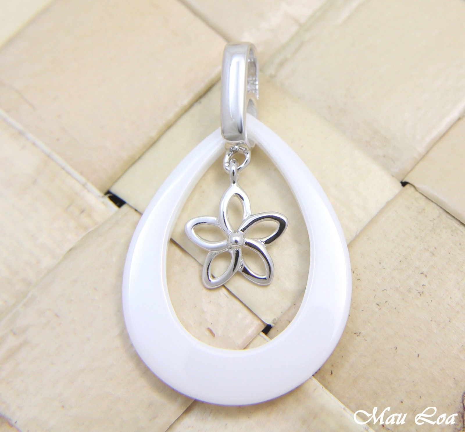 925 Silver Rhodium Hawaiian Plumeria Flower White Ceramic Tear Drop Pendant