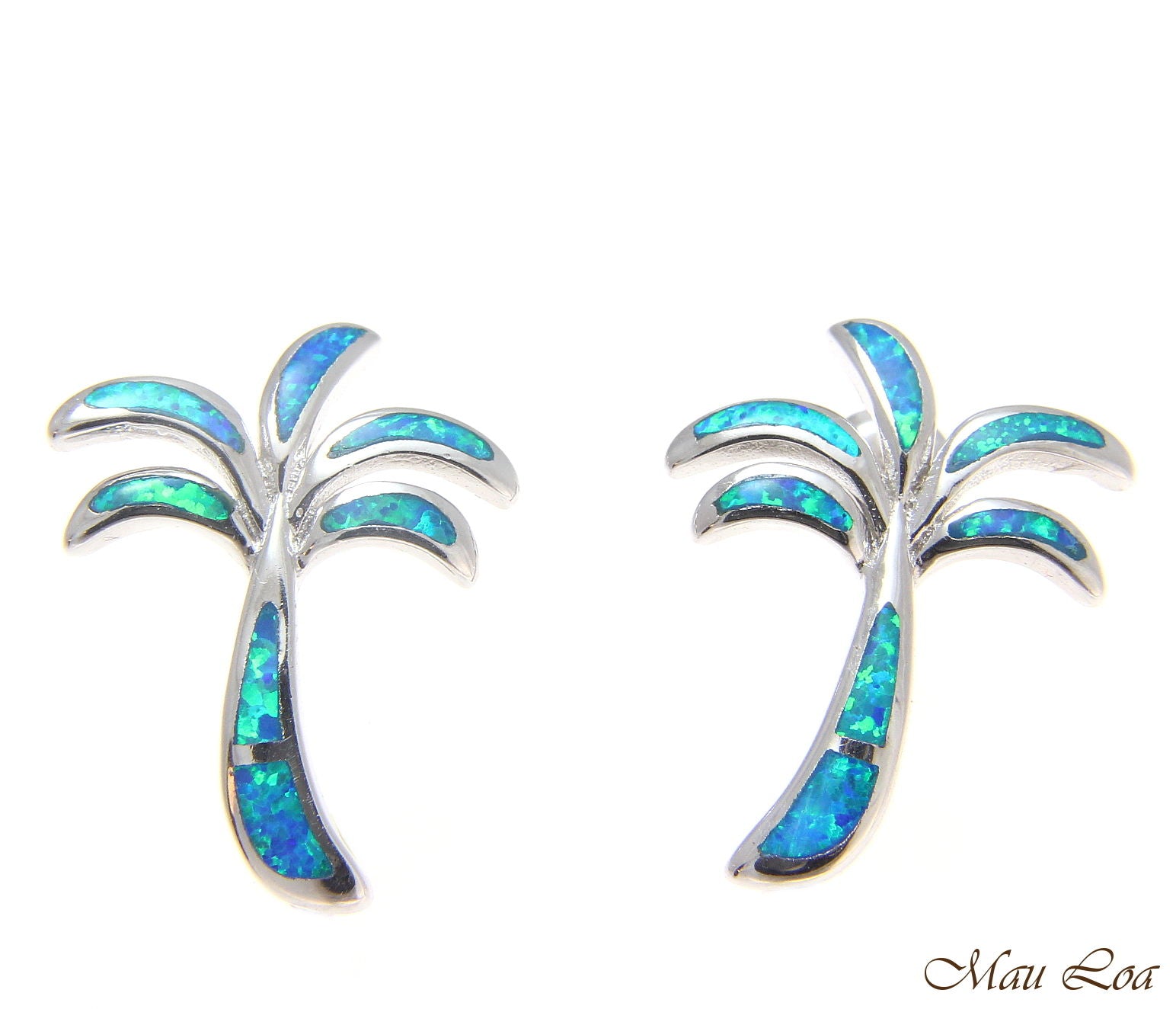 925 Sterling Silver Rhodium Hawaiian Palm Tree Blue Opal Post Stud Earrings