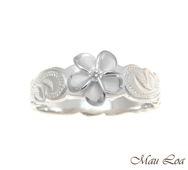 925 Sterling Silver Hawaiian Scroll Rhodium CZ Plumeria Flower Ring Size 1-10