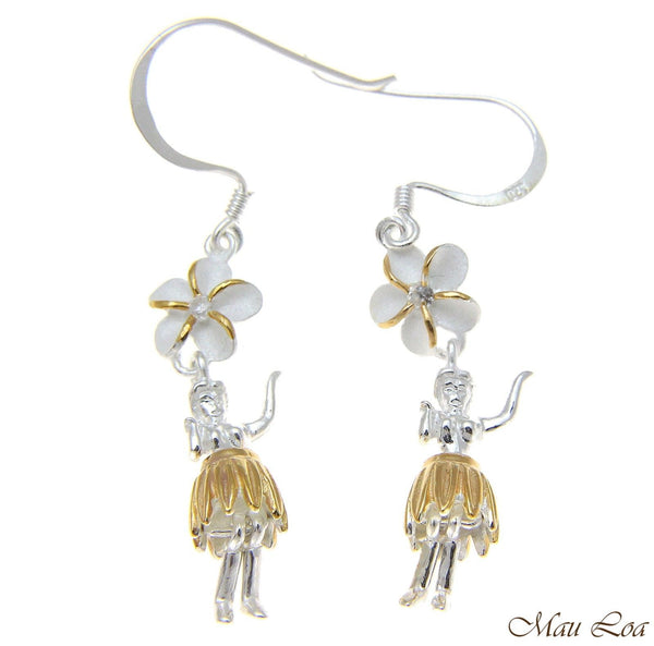 925 Silver Hawaiian Hula Girl 2 Tone Yellow Plumeria Flower Hook Wire Earrings