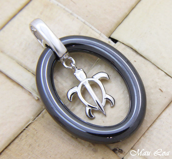 925 Sterling Silver Rhodium Hawaiian Honu Sea Turtle Black Ceramic Oval Pendant