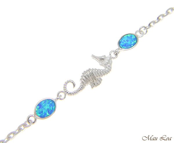 925 Sterling Silver Rhodium Hawaiian Seahorse Blue Opal Link Chain Bracelet 7"+