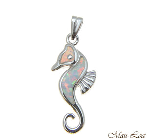 925 Sterling Silver Rhodium Hawaiian Seahorse White Opal Pendant Charm