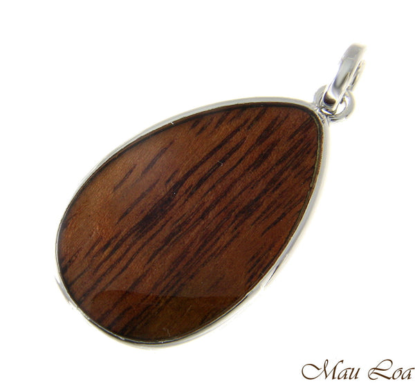 Koa Wood Hawaiian Tribal Teardrop Rhodium Silver Plated Brass Reversible Pendant