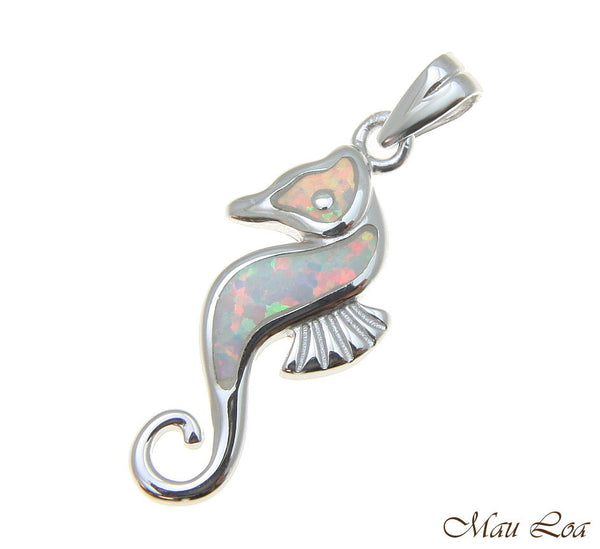 925 Sterling Silver Rhodium Hawaiian Seahorse White Opal Pendant Charm