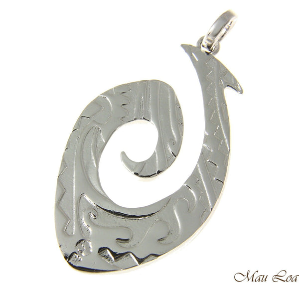 Koa Wood Hawaiian Wave Fish Hook Rhodium Silver Plated Brass Reversible Pendant