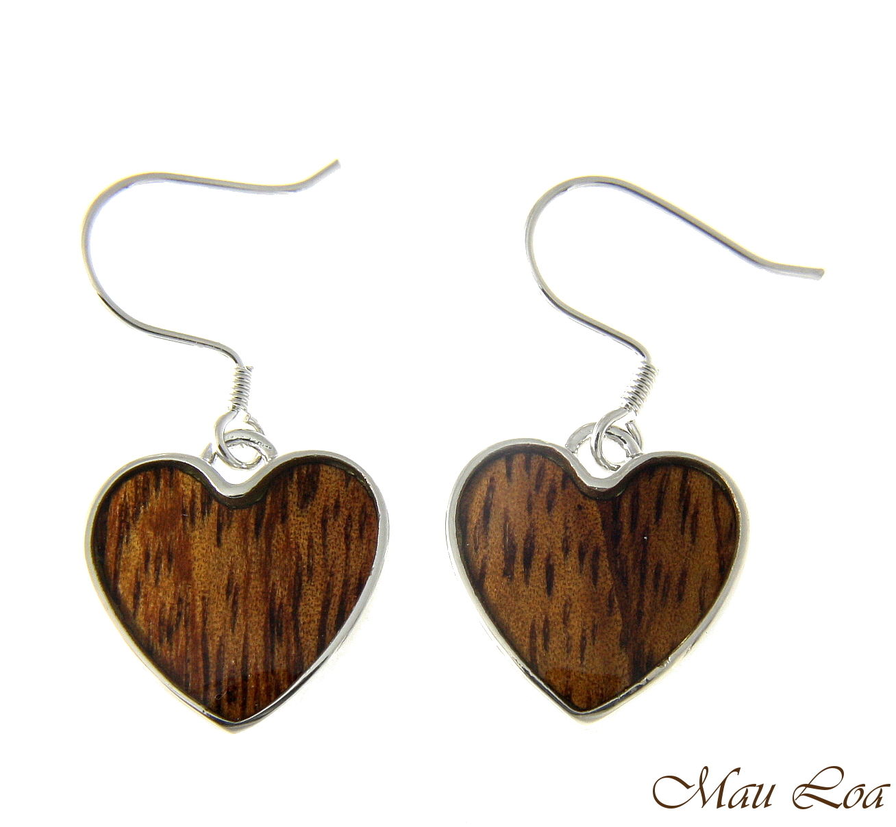 Koa Wood Hawaiian Heart Rhodium Silver Plated Brass Hook Wire Earrings
