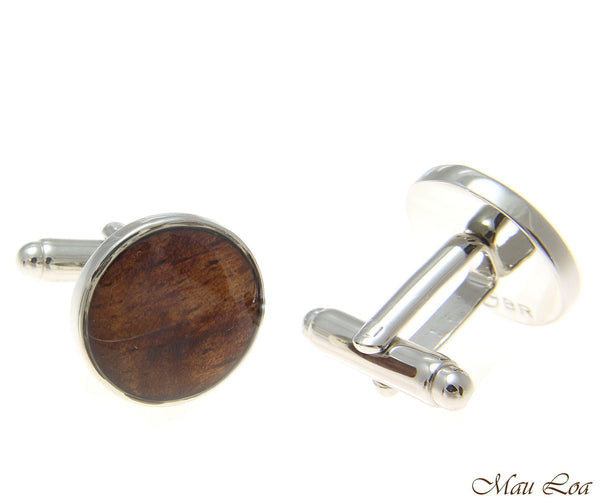 Koa Wood Hawaiian Rhodium Silver Plated Brass 16mm Circle Round Cufflink