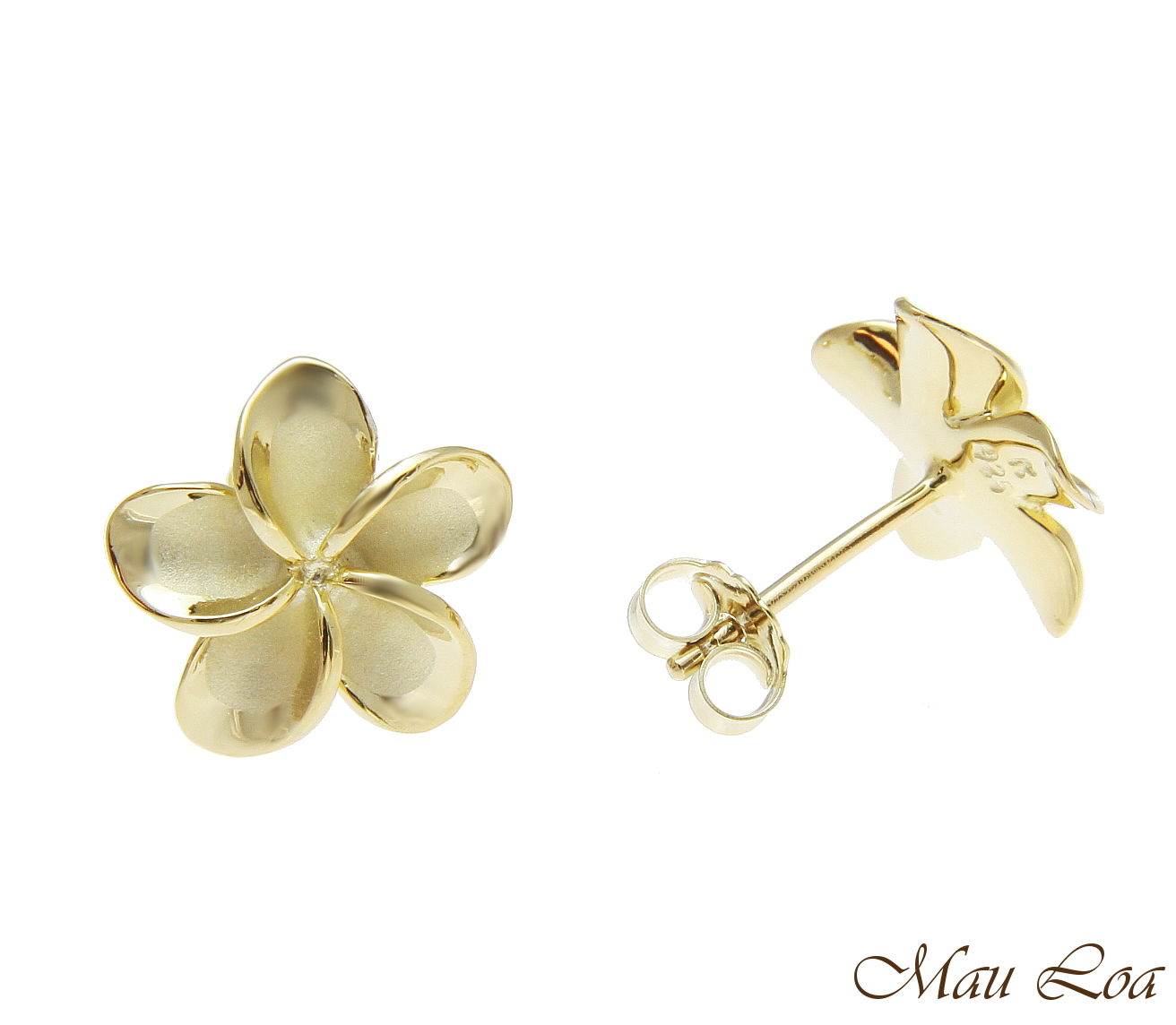 925 Silver Yellow Gold Hawaiian Plumeria Flower No CZ Stone Post Stud Earrings