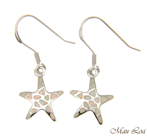 925 Silver Rhodium Hawaiian Starfish Sea Star White Opal Hook Wire Earrings