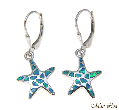 925 Silver Rhodium Hawaiian Starfish Sea Star Blue Opal Leverback Earrings