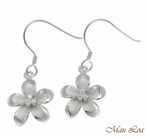 925 Sterling Silver Hawaiian Plumeria Flower 3 CZ Wire Hook Rhodium Earrings
