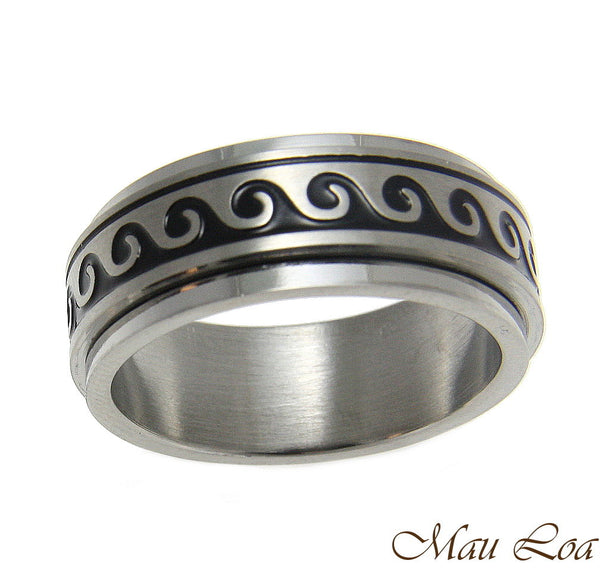 Stainless Steel Spinner Ring Band 8mm Black Enamel Hawaiian Ocean Wave Size6-14