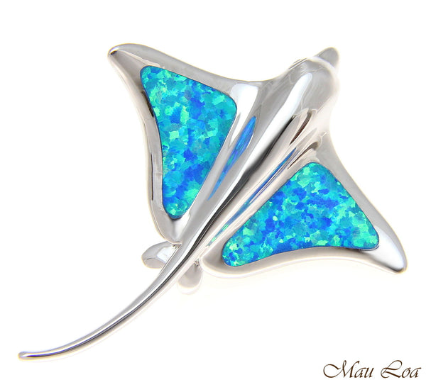 925 Sterling Silver Rhodium Hawaiian Stingray Fish Blue Opal Slider Pendant