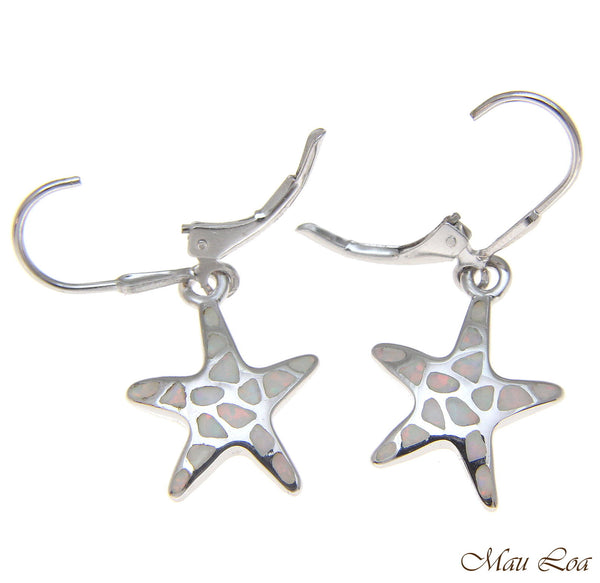 925 Silver Rhodium Hawaiian Starfish Sea Star White Opal Leverback Earrings