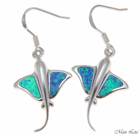 925 Sterling Silver Rhodium Hawaiian 17mm Stingray Blue Opal Hook Wire Earrings